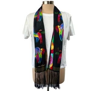 Laurel Burch Silk Scarf Black Multicolored Horse Print Fringe 52" x 11.5" (flaw)